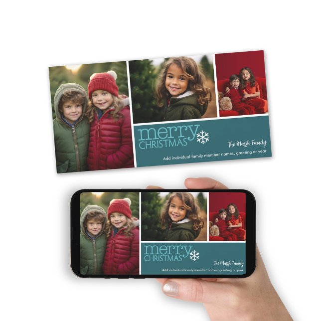 Feliz Navidad - 3 fotos - verde azulado copo de ni (Holiday Photo card with a 3 Photo Collage. Download Option Available. Teal Accents)