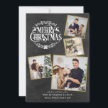 Feliz Navidad 4 Collage de fotos Chalkboard<br><div class="desc">Un diseño de vacaciones de collage de fotos boho 4 para que puedas personalizar con tus fotos favoritas enmarcadas en oro,  mensaje,  nombres y año en un fondo de pizarra. El reverso presenta copos de nieve cayendo sobre un fondo de pizarra coincidente. Diseñado por Thisisnotme©</div>
