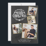 Feliz Navidad 4 Collage de fotos Chalkboard<br><div class="desc">Un diseño de vacaciones de collage de fotos boho 4 para que puedas personalizar con tus fotos favoritas enmarcadas en oro,  mensaje,  nombres y año en un fondo de pizarra. El reverso presenta copos de nieve cayendo sobre un fondo de pizarra coincidente. Diseñado por Thisisnotme©</div>