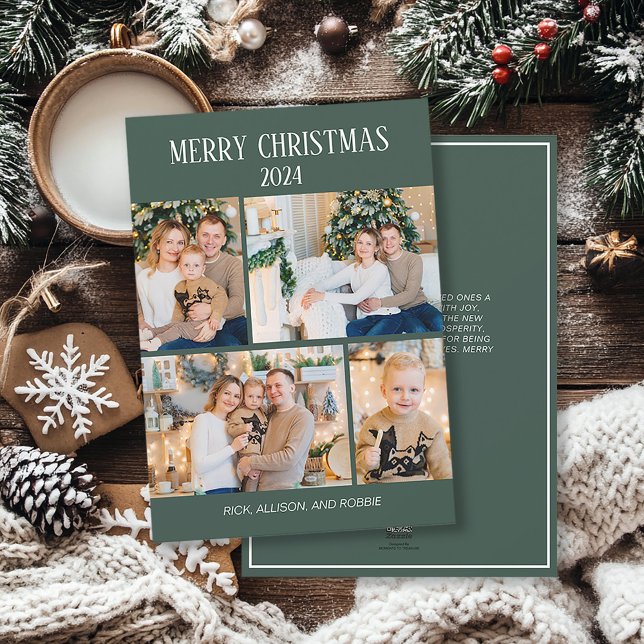 Feliz Navidad 4 Collage de fotos Verde (Elegant, modern green 4-photo Christmas greeting card personalized with your own photos and text.)