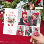 Feliz Navidad 4 fotos Script Holly Bow<br><div class="desc">Envíe saludos MERRY CHRISTMAS esta temporada navideña con una tarjeta de felicitación fotográfica con 4 fotos y una tipografía moderna de caligrafía de moda para el saludo acentuado con una acuarela de color rojo arco y holly. ASISTENCIA: Para obtener ayuda con la modificación o personalización del diseño, el redimensionamiento, la...</div>