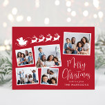 Feliz Navidad 5 Collage de fotos Santa Sleigh<br><div class="desc">Tarjeta navideña roja festiva con un collage de 5 fotos de imágenes dispersas en marcos blancos, una silueta blanca de renos que vuelan en trineo de Santa, "Feliz Navidad" en un elegante guión blanco y tu nombre en una simple tipografía blanca moderna. Al dorso, personalizar tu mensaje o deja en...</div>