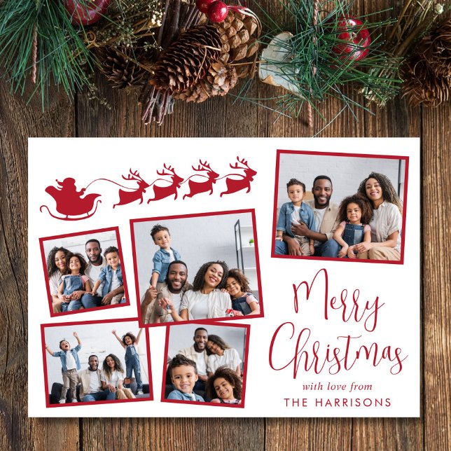 Feliz Navidad 5 Collage de fotos Santa Sleigh (Share the love and warmth of the holiday season with this personalized photo Christmas card)