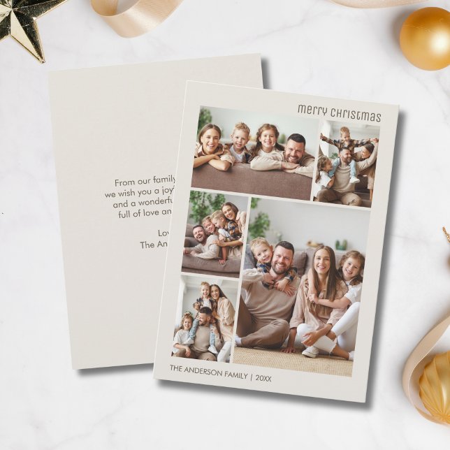 Feliz Navidad 5 familia de Collages de fotos Neutr (Merry Christmas 5 Photo Collage Family Neutral Holiday Card)
