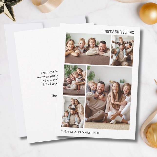 Feliz Navidad 5 Familia de fotos Blanco y Negro (Merry Christmas 5 Photo Family White and Black Holiday Card)