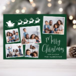 Feliz Navidad 5 Foto Santa Sleigh Green<br><div class="desc">Tarjeta navideña verde festiva con un collage de 5 fotos de imágenes dispersas en marcos blancos,  una silueta de renos que vuelan en trineo de Santa Claus,  "Feliz Navidad" en un elegante guión blanco y tu nombre en tipografía blanca moderna.</div>