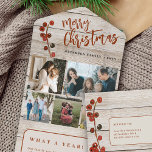 Feliz Navidad 5 fotos tarjeta de vacaciones de mad<br><div class="desc">Rústico y elegante Merry Christmas manuscrito caligrafía prefabricada 5 fotos de familia barn madera triple tarjeta de vacaciones con tu personalizado texto personalizado en ambos lados con una rama de berries santa de color rojo oscuro.</div>