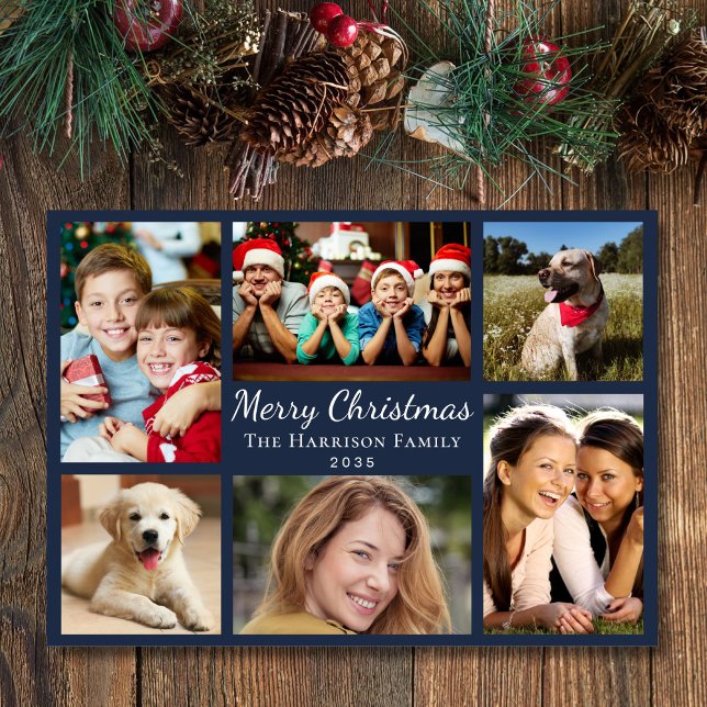 Feliz Navidad 6 Collage de fotos Azul (This holiday season, let your family's smiles and heartwarming memories shine on our 6 photo card)