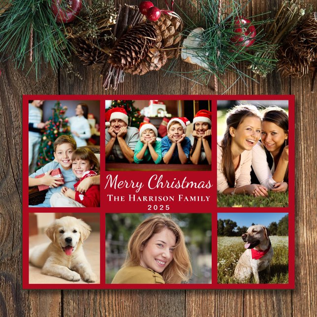 Feliz Navidad 6 Collage de fotos Rojo (This holiday season, let your family's smiles and heartwarming memories shine on our 6 photo card)