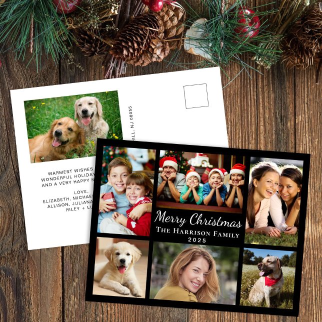 Feliz Navidad 7 Collage de fotos negro (Share the love and warmth of the season with your personalized photo Christmas postcard)