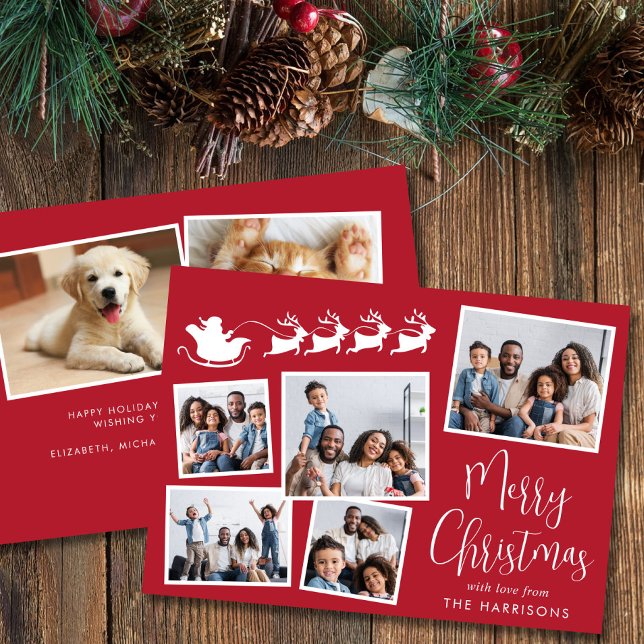 Feliz Navidad 7 Collage de fotos Santa Sleigh (Share the love and warmth of the holiday season with this personalized photo Christmas card)