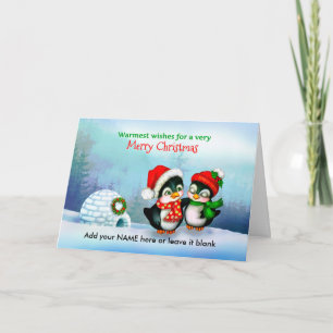 Feliz Navidad a los pingüinos con igloo en la niev