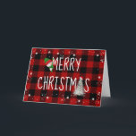 Feliz Navidad a Snowman con una juerga de búfalo<br><div class="desc">Hombre de nieve en Feliz texto navideño con pino blanco y borde de copo de nieve sobre manta de búfalo roja y negra.</div>