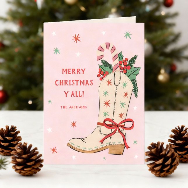 Feliz Navidad a Todos Botas de Vaquero  ("merry Christmas y'all" country-themed holiday card with hand-drawn cowboy boot)