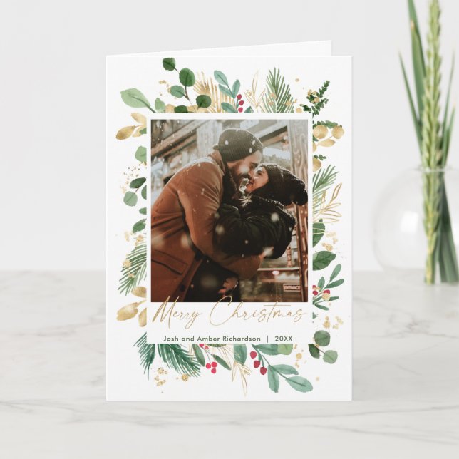 Feliz Navidad acuarela color verde oro rojo holly (Anverso)