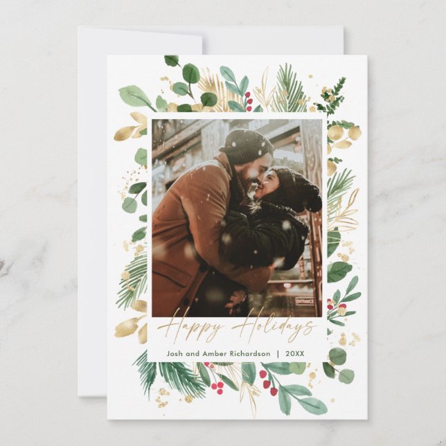 Feliz Navidad acuarela color verde oro rojo holly (Anverso)