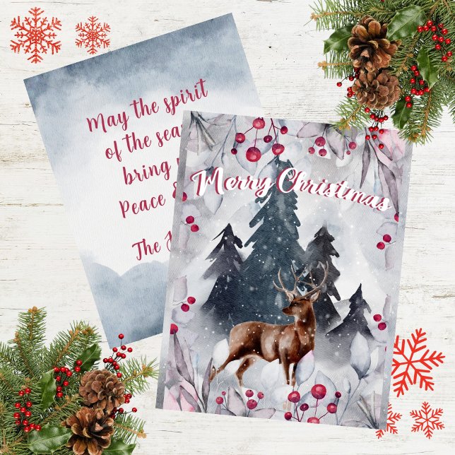 Feliz Navidad acuarela Deer Woods Escena de Nieve (Merry Christmas Watercolor Deer Woods Snow Scene Holiday Card)