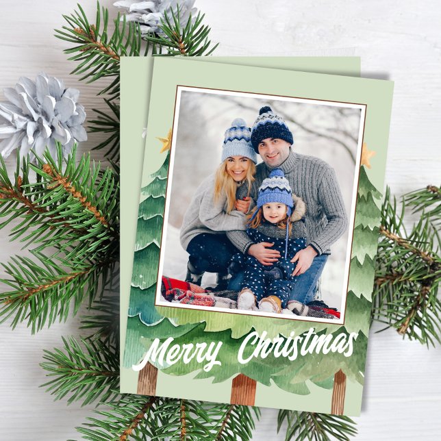 Feliz Navidad acuarela Foto Árboles navideños (Merry Christmas green Christmas tree holiday photo card.)