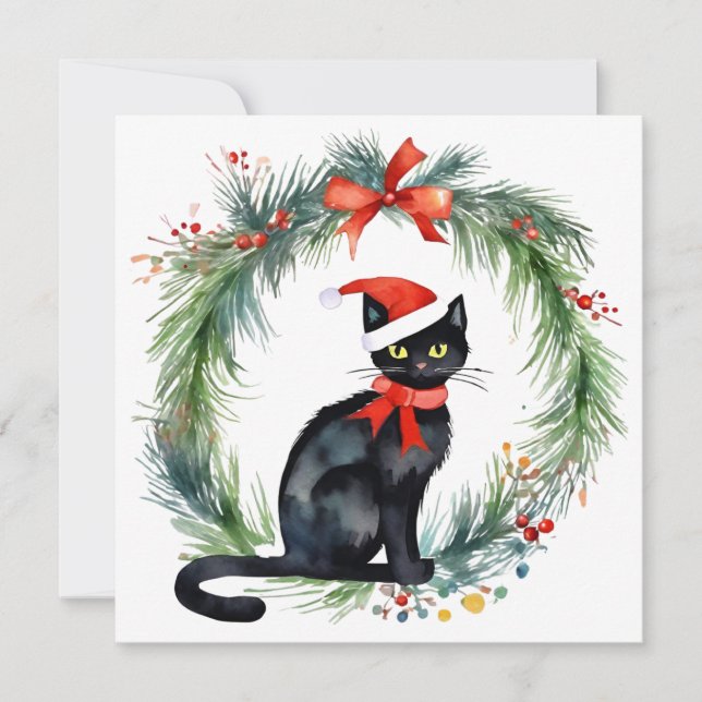 Feliz Navidad acuarela Gato negro y guirnalda (Anverso)
