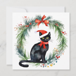 Feliz Navidad acuarela Gato negro y guirnalda