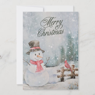 Feliz Navidad Acuarela Muñeco de Nieve y Cardenal 