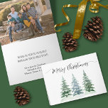 Feliz Navidad acuarela Pine Trees foto interna<br><div class="desc">Esta tarjeta de vacaciones es simple, rústica y festiva. Presenta un diseño minimalista con tres pinos de color nevado y una elegante caligrafía de escritura que lee ¡Feliz Navidad! El interior tiene espacio para tu foto o foto junto con una nota y una firma. ¡Una forma maravillosa de enviar saludos...</div>