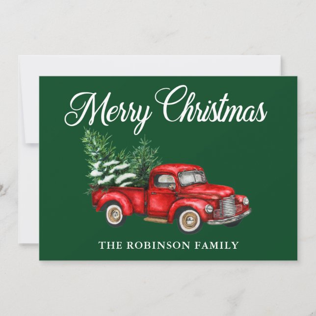 Feliz Navidad acuarela Vintage Camión Rojo Verde (Anverso)