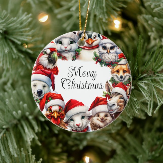 Feliz Navidad Animales Santa Hat Ornamento cerámic (Árbol)