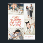 Feliz Navidad Año Nuevo Año Rojo 4 Collage de foto<br><div class="desc">Esta elegante y festiva tarjeta postal de vacaciones multifoto incluye un tipo de estilo escrito a mano con un collage de fotos mostrando 4 de tus fotos. En la parte posterior, agregue su dirección de retorno y un mensaje de personalizado preimpreso para un envío rápido y fácil de tarjetas de...</div>