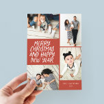 Feliz Navidad Año Nuevo Año Rojo 4 Collage de foto<br><div class="desc">Esta elegante y festiva tarjeta de vacaciones multifoto cuenta con un estilo escrito a mano con un collage de fotos mostrando 4 de tus fotos. En el reverso se muestra un patrón de puntos flotantes en colores coincidentes. Solo agrega tus fotos y texto con unos cuantos gritos y gritos y...</div>