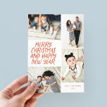 Feliz Navidad Año Nuevo Año Rojo 4 Collage de foto<br><div class="desc">Esta elegante y festiva tarjeta de vacaciones multifoto cuenta con un estilo escrito a mano con un collage de fotos mostrando 4 de tus fotos. En el reverso se muestra un patrón de puntos flotantes en colores coincidentes. Solo agrega tus fotos y texto con unos cuantos gritos y gritos y...</div>