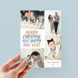 Feliz Navidad Año Nuevo colorido 4 Collages de fot<br><div class="desc">Esta elegante y festiva tarjeta de vacaciones multifoto presenta un estilo manuscrito de colores vivos con un collage de fotos mostrando 4 de tus fotos. En el reverso se muestra un patrón de puntos flotantes en colores coincidentes. Solo agrega tus fotos y texto con unos cuantos gritos y gritos y...</div>