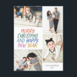 Feliz Navidad Año Nuevo colorido 4 Collages de fot<br><div class="desc">Esta elegante y festiva tarjeta postal de vacaciones multifoto incluye un tipo de estilo escrito a mano con un collage de fotos mostrando 4 de tus fotos. En la parte posterior, agregue su dirección de retorno y un mensaje de personalizado preimpreso para un envío rápido y fácil de tarjetas de...</div>