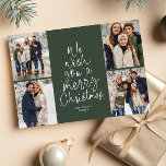 Feliz Navidad árbol divertido cuatro fotos verde<br><div class="desc">¡Te deseamos una Feliz Navidad! Esta tarjeta fotográfica de vacaciones muestra un mensaje clásico en forma de árbol de Navidad divertido sobre un fondo verde. Con cuatro fotos en la parte delantera, es una buena manera de enviar Navidades a sus amigos y familiares. El tratamiento de tipo lúdico tiene forma...</div>