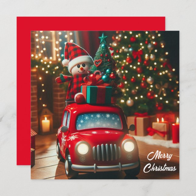 Feliz Navidad árbol rojo coche trayendo regalos (Anverso / Reverso)