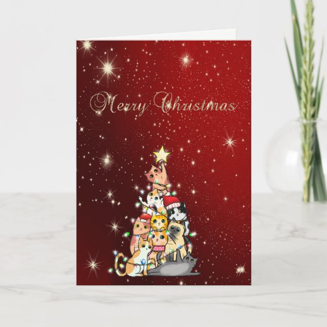 Feliz Navidad,Árboles de Navidad Gatos,Rojo (Anverso)