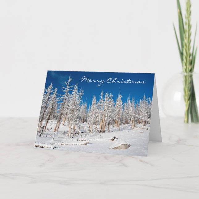 Feliz Navidad, árboles nevados, tarjeta de vacacio (Anverso)