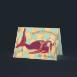 Feliz Navidad Artsy Beach Mermaid Santa<br><div class="desc">Navidades divertidos, divertidos, artísticos, de playa o de vacaciones. Pastel dibujó sirena con bufanda y gorra. "Feliz Navidad desde la playa". Starfish adentro y usted puede añadir texto para sus tarjetas Navidades. Se puede cambiar o eliminar todo el texto. Todas las obras de arte son originales, una especie de Carrie...</div>