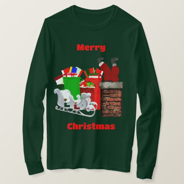Feliz Navidad Atrapado Santa Long Sleeve Camiseta (Anverso del diseño)