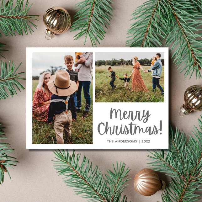 Feliz Navidad Ave Botánica Dos Familia Foto (Merry Christmas Botanical Bird Two Photo Family Holiday Card)