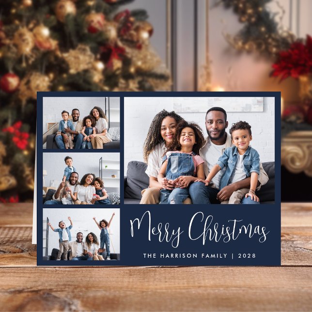 Feliz Navidad Azul 4 Foto (Share the love and warmth of the season with a personalized 4 photo Christmas card)