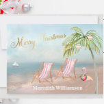 Feliz Navidad Beach Flamingo Presupuesto Fiesta<br><div class="desc">Feliz Navidad en esta preciosa playa de Watercolor - escena tranquila y suave con dos tumbonas - flamencos amistosos con una hermosa corona - Palmera con algunos adornos. También disponible en diferentes pesos de papel: su selección.</div>