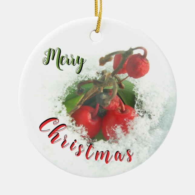 Feliz Navidad Berries rojos del Ornamento de Nieve (Frente)