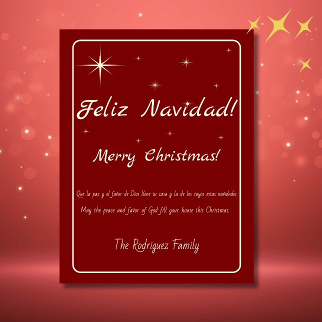 Feliz Navidad bilingüe navideña dorada y morada ro (bilingual Spanish Christmas postcard red, customizable Spanish text. Multilingual project)