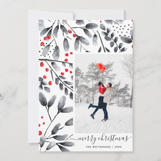 Feliz Navidad Black Red Watercolor Moderno Foto (Anverso)