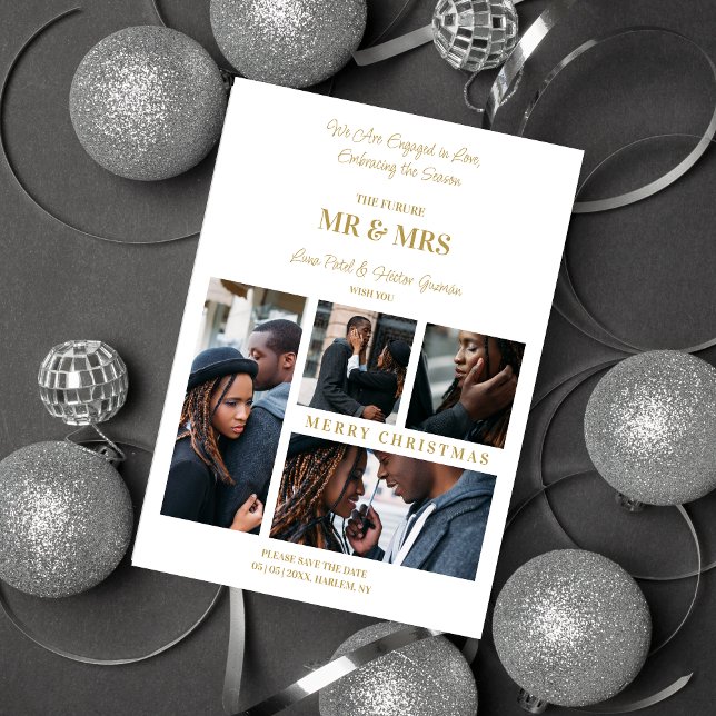 Feliz Navidad Blanco y Dorado Sencillo 4 Múltiples (Merry Christmas White & Fake Gold Simple Classic 4 Multi Photos Collage Save the Date Card Holiday.)
