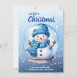 Feliz Navidad Blue White Snowman<br><div class="desc">"Feliz Navidad" Navidades de personalizable saludando a una carta con un lindo muñeco de nieve dentro de un globo de nieve sobre un suave fondo azul. Personalice el nombre de su familia y cualquier otro texto que elija. Comuníquese conmigo para obtener ayuda con sus personalizaciones o para solicitar productos adicionales...</div>