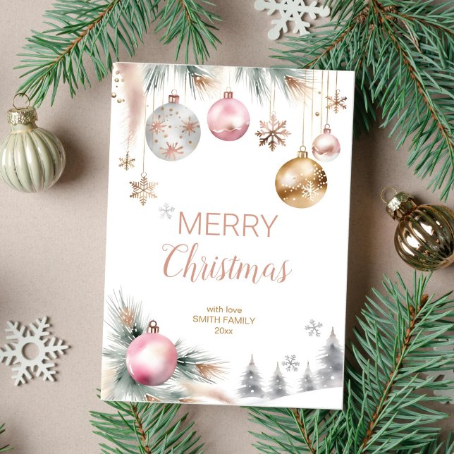 Feliz Navidad boho baubles metálicos acuarela (Merry Christmas holiday greeting template card instant digital download silver rose gold baubles)