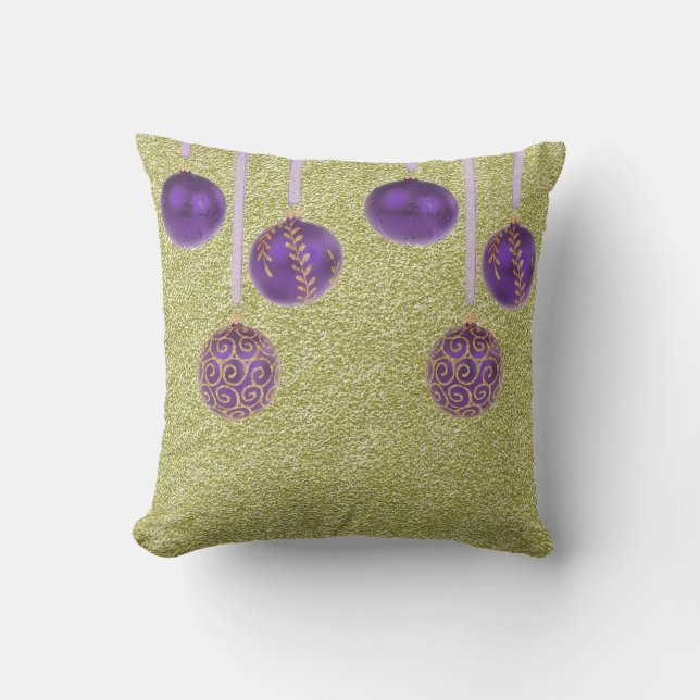 Feliz Navidad Borlas Moradas Brillo Almohada Dorad (Anverso)