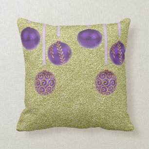 Feliz Navidad Borlas Moradas Brillo Almohada Dorad
